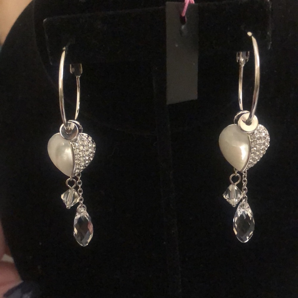Rhodium Hoops with Heart & Crystal Charms-Boutique